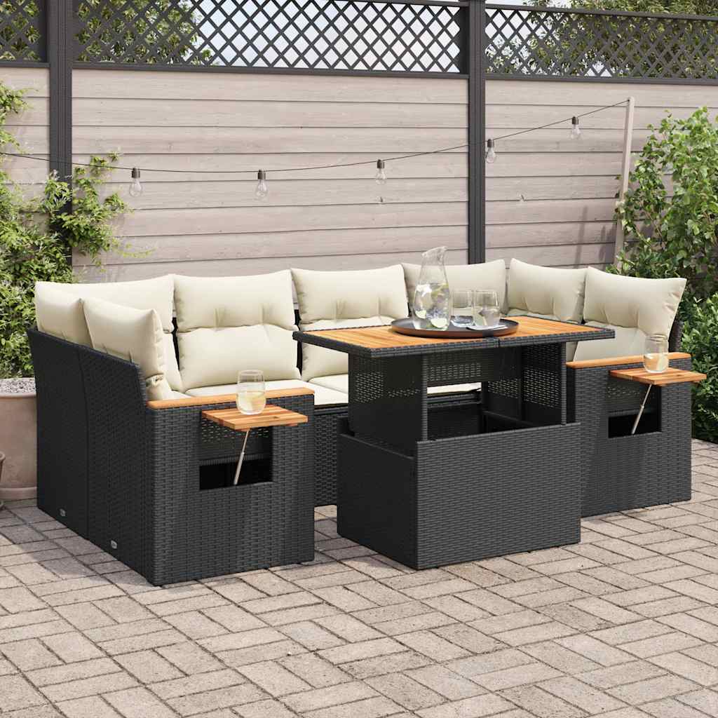 vidaXL 7-tlg. Garten-Sofagarnitur mit Kissen Schwarz Poly Rattan