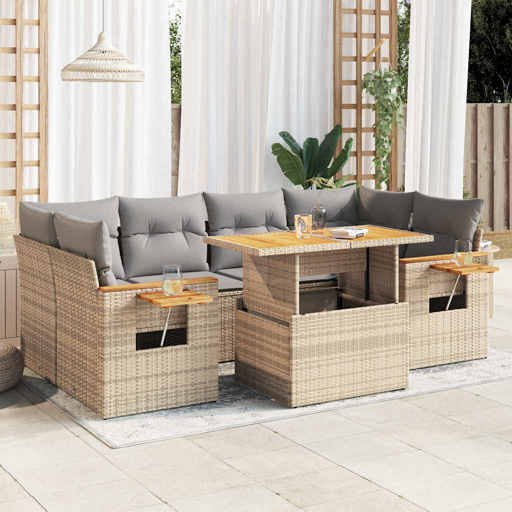 vidaXL 7-tlg. Garten-Sofagarnitur mit Kissen Beige Poly Rattan Akazie