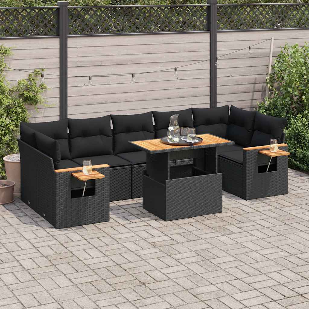 vidaXL Set mobilier grădină perne 8 piese negru, poliratan/lemn acacia