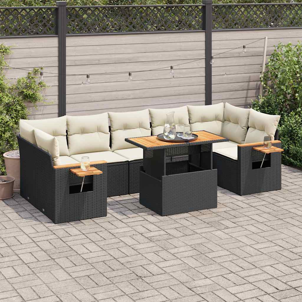 vidaXL Set mobilier grădină perne 8 piese negru, poliratan/lemn acacia