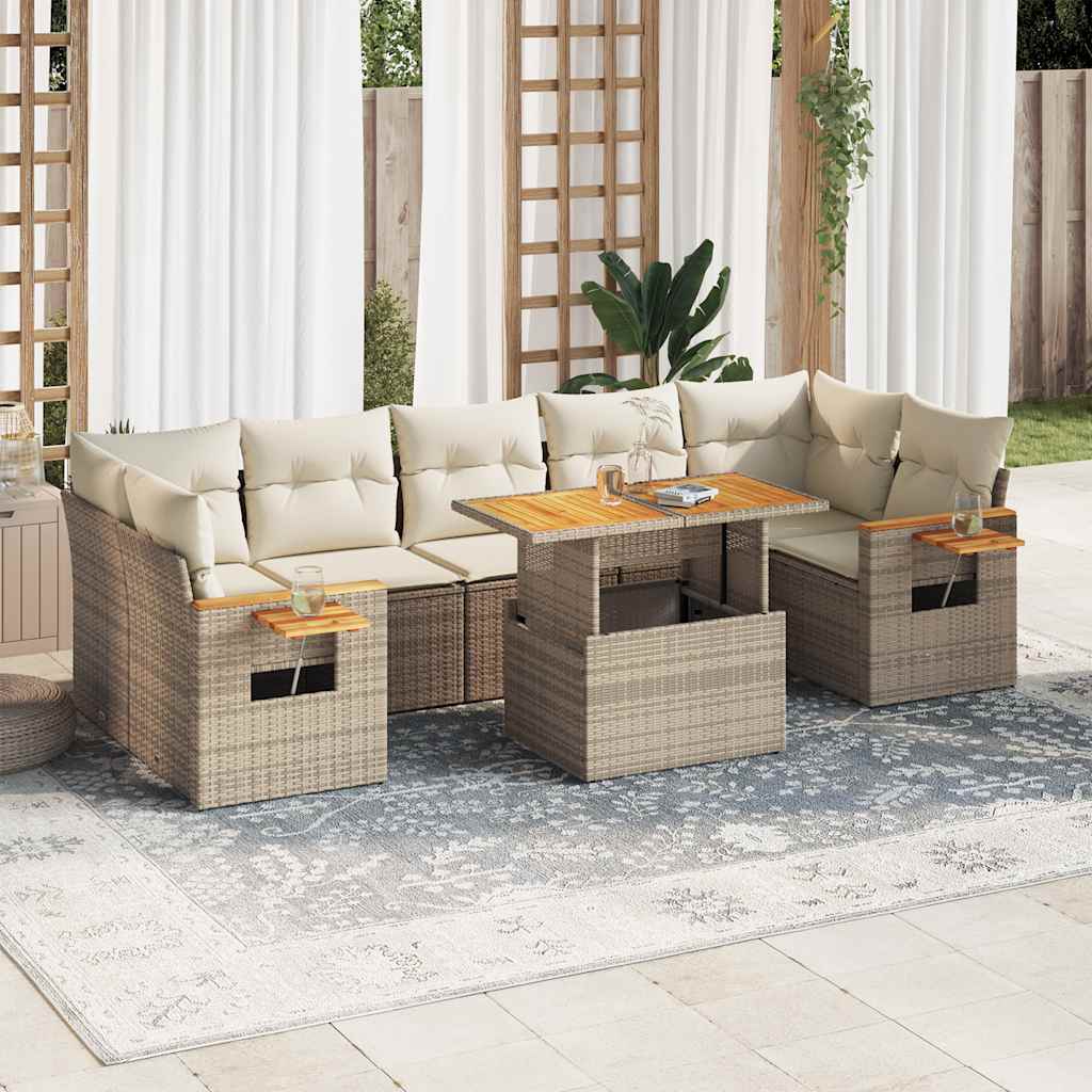 vidaXL 8-tlg. Garten-Sofagarnitur mit Kissen Beige Poly Rattan Akazie