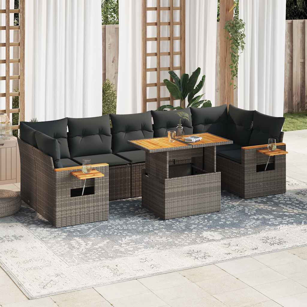 vidaXL 8-tlg. Garten-Sofagarnitur mit Kissen Grau Poly Rattan Akazie