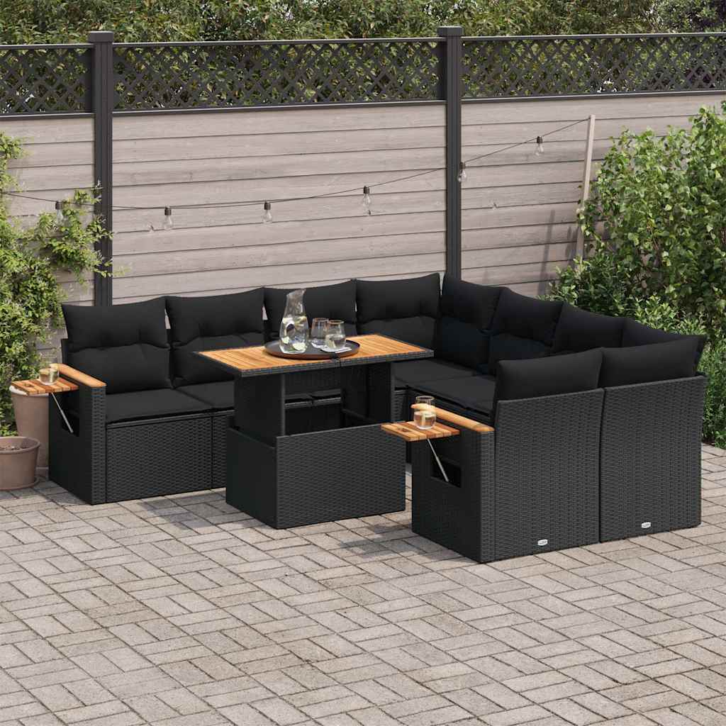 vidaXL Set mobilier grădină perne 9 piese negru poliratan/lemn acacia