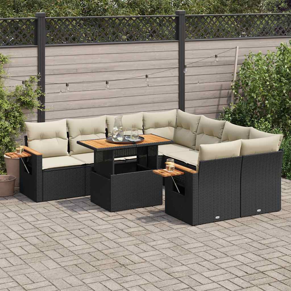 vidaXL 9-tlg. Garten-Sofagarnitur mit Kissen Schwarz Poly Rattan