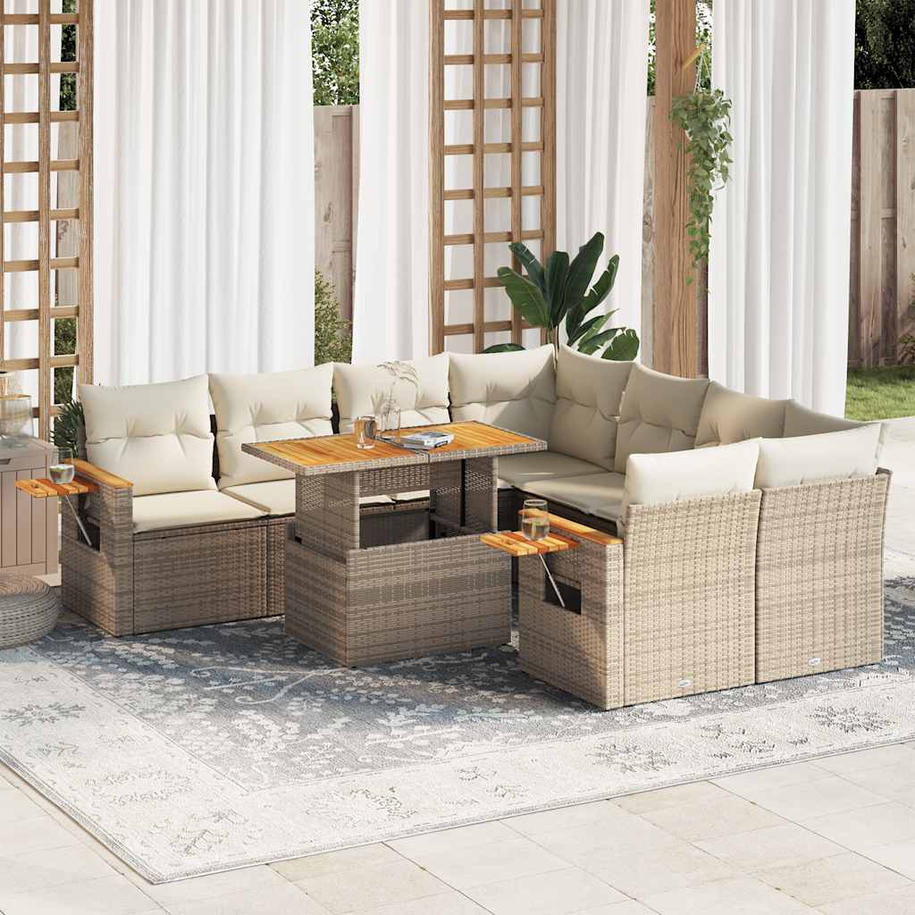 vidaXL 9-tlg. Garten-Sofagarnitur mit Kissen Beige Poly Rattan Akazie