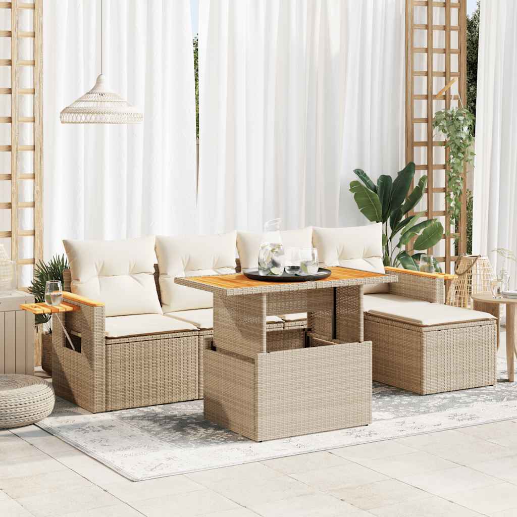 7-tlg. Garten-Sofagarnitur mit Kissen Beige Poly Rattan Akazie