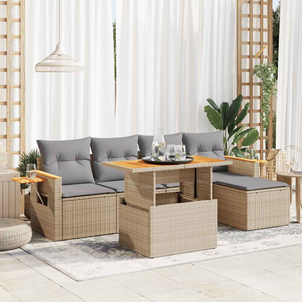 7-tlg. Garten-Sofagarnitur mit Kissen Beige Poly Rattan Akazie