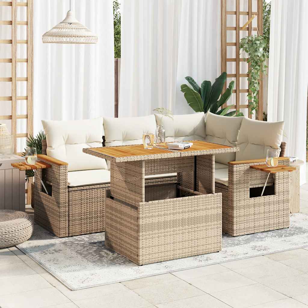 4-tlg. Garten-Sofagarnitur mit Kissen Beige Poly Rattan Akazie