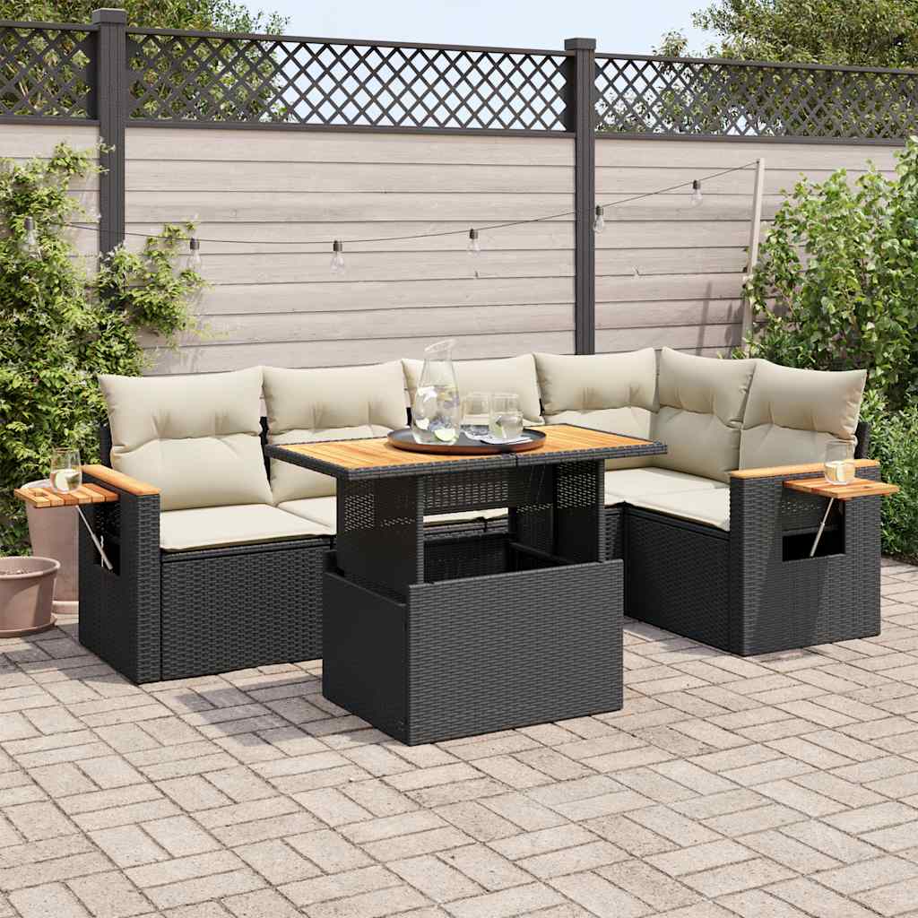 5tlg. Garten-Sofagarnitur mit Kissen Schwarz Poly Rattan Akazie