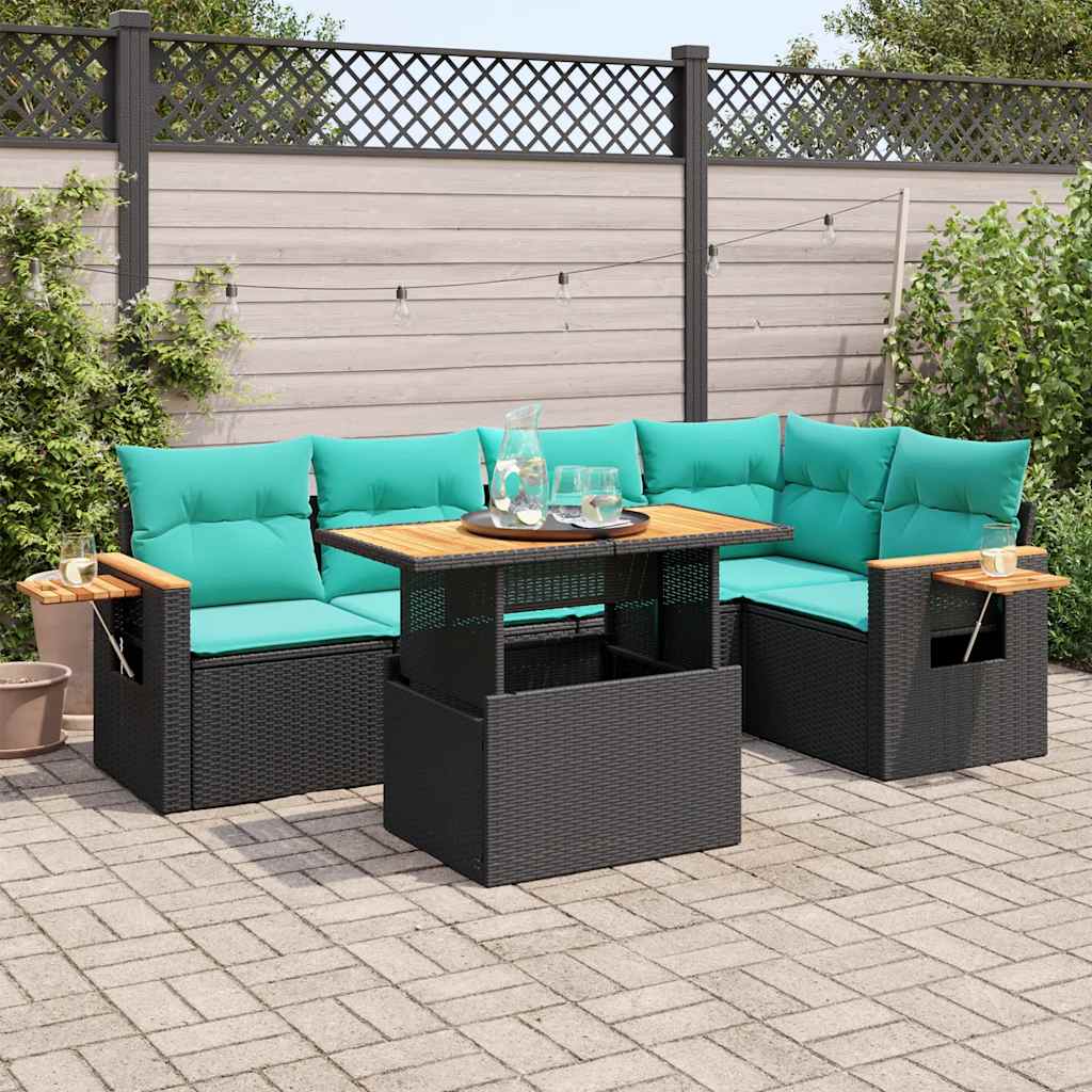 vidaXL 6-tlg. Garten-Sofagarnitur mit Kissen Schwarz Poly Rattan