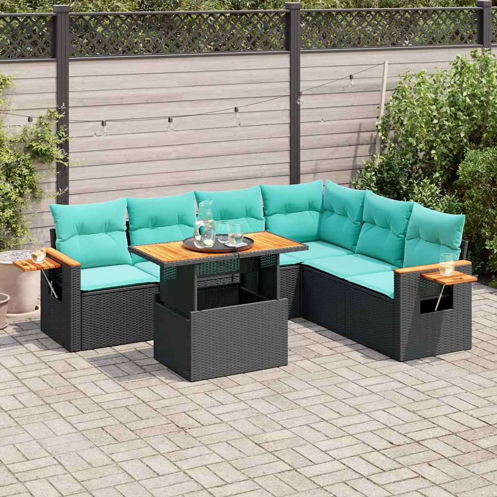 vidaXL 7-tlg. Garten-Sofagarnitur mit Kissen Schwarz Poly Rattan