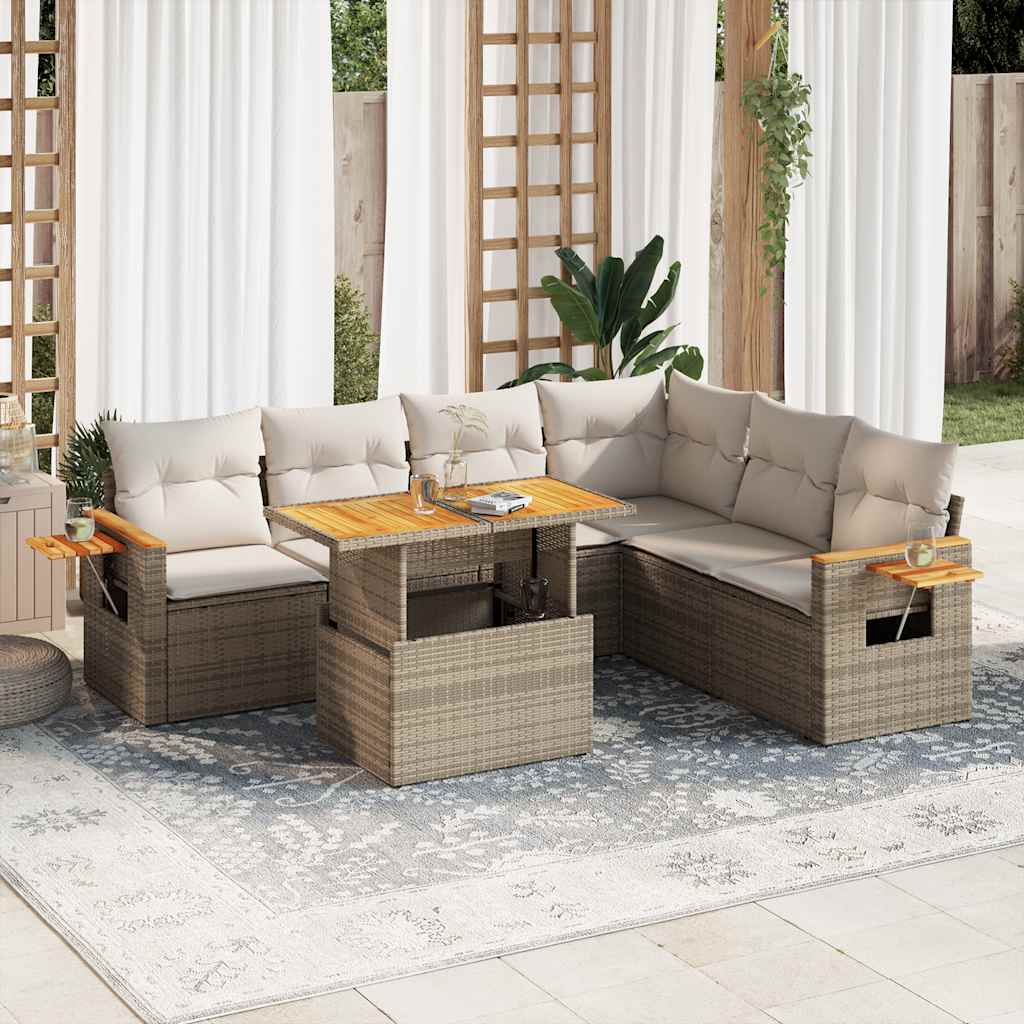 6-tlg. Garten-Sofagarnitur mit Kissen Beige Poly Rattan Akazie