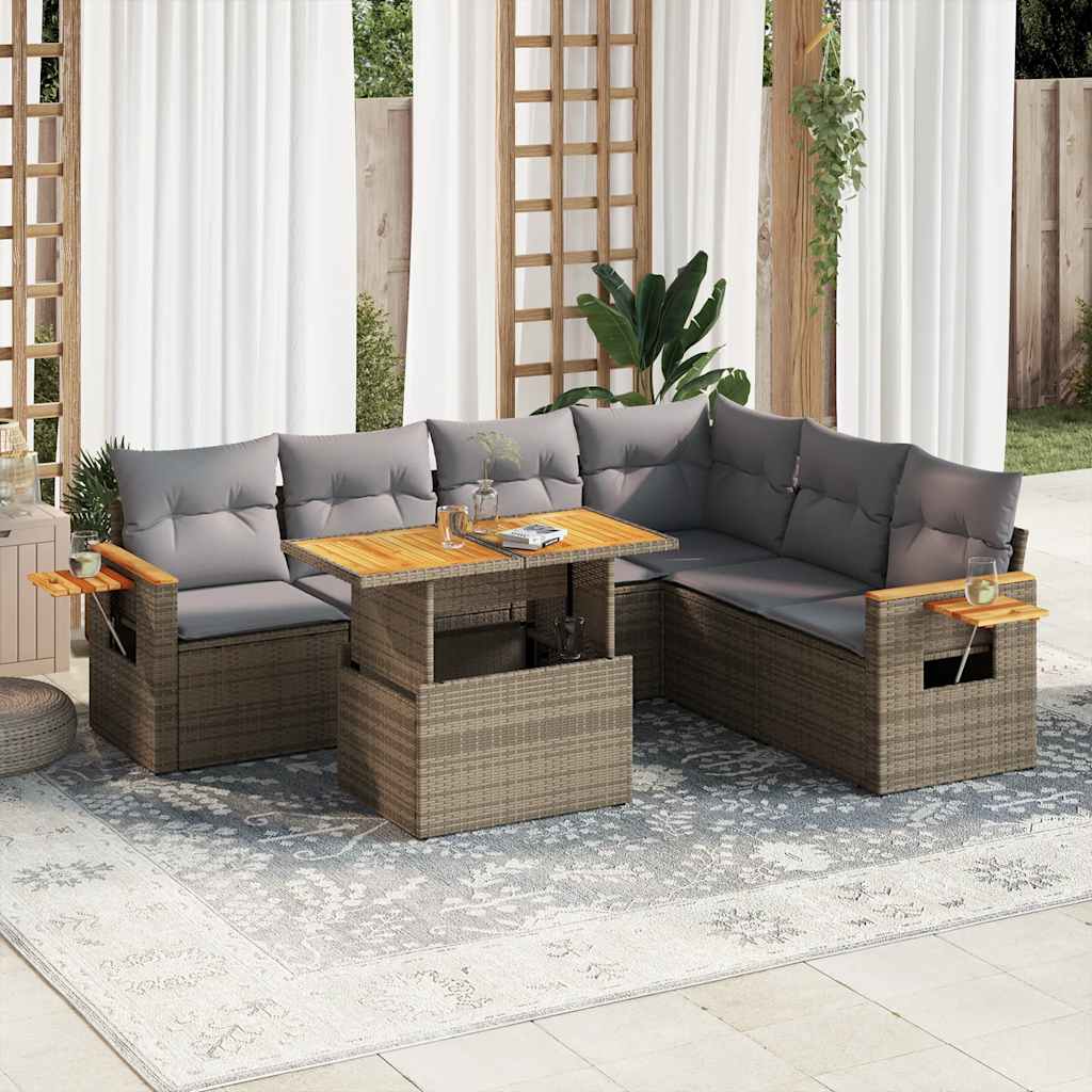 6-tlg. Garten-Sofagarnitur mit Kissen Beige Poly Rattan Akazie