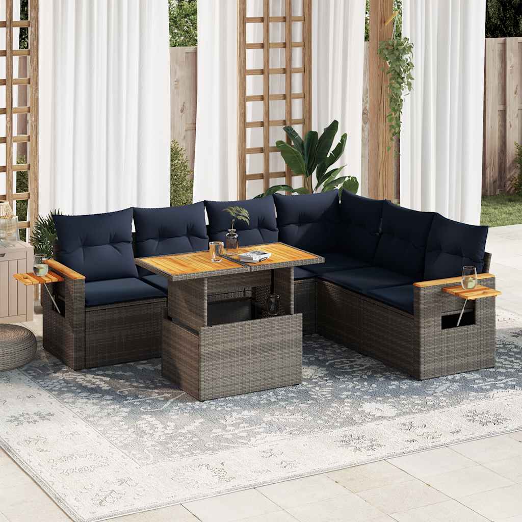 vidaXL 7-tlg. Garten-Sofagarnitur mit Kissen Grau Poly Rattan Akazie