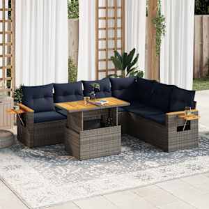 Vrtna sedežna garnitura z blazinami 7-delna siv ratan/akacija