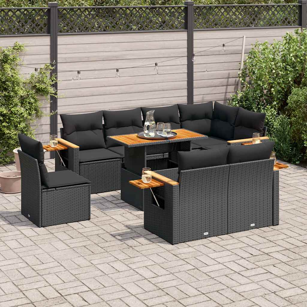 vidaXL 9-tlg. Garten-Sofagarnitur mit Kissen Schwarz Poly Rattan