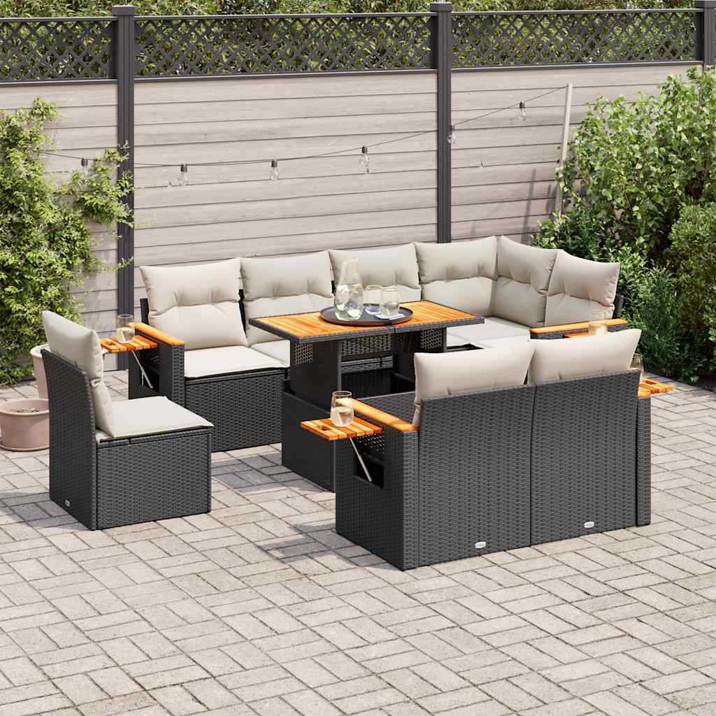 vidaXL 9-tlg. Garten-Sofagarnitur mit Kissen Schwarz Poly Rattan