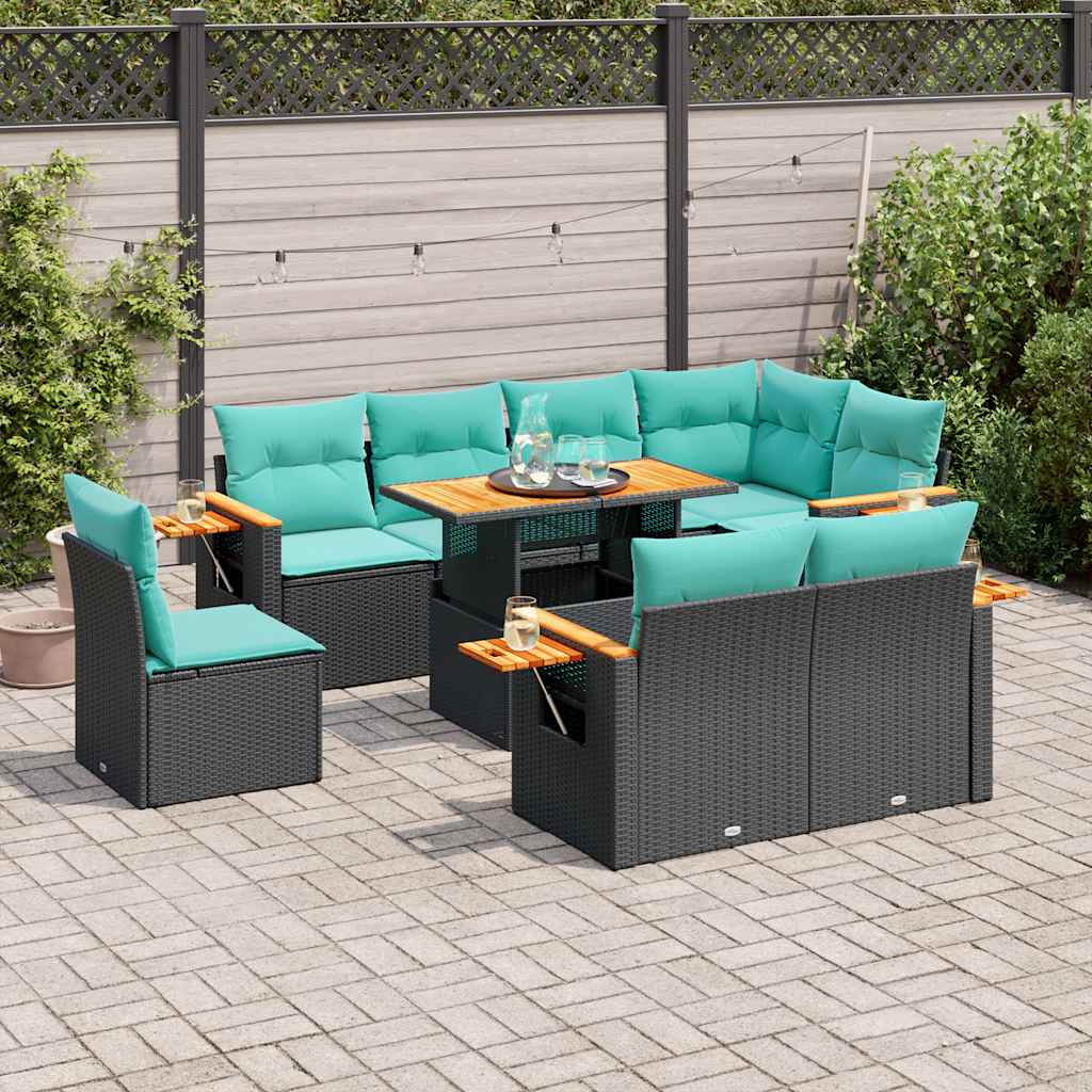 vidaXL 9-tlg. Garten-Sofagarnitur mit Kissen Schwarz Poly Rattan