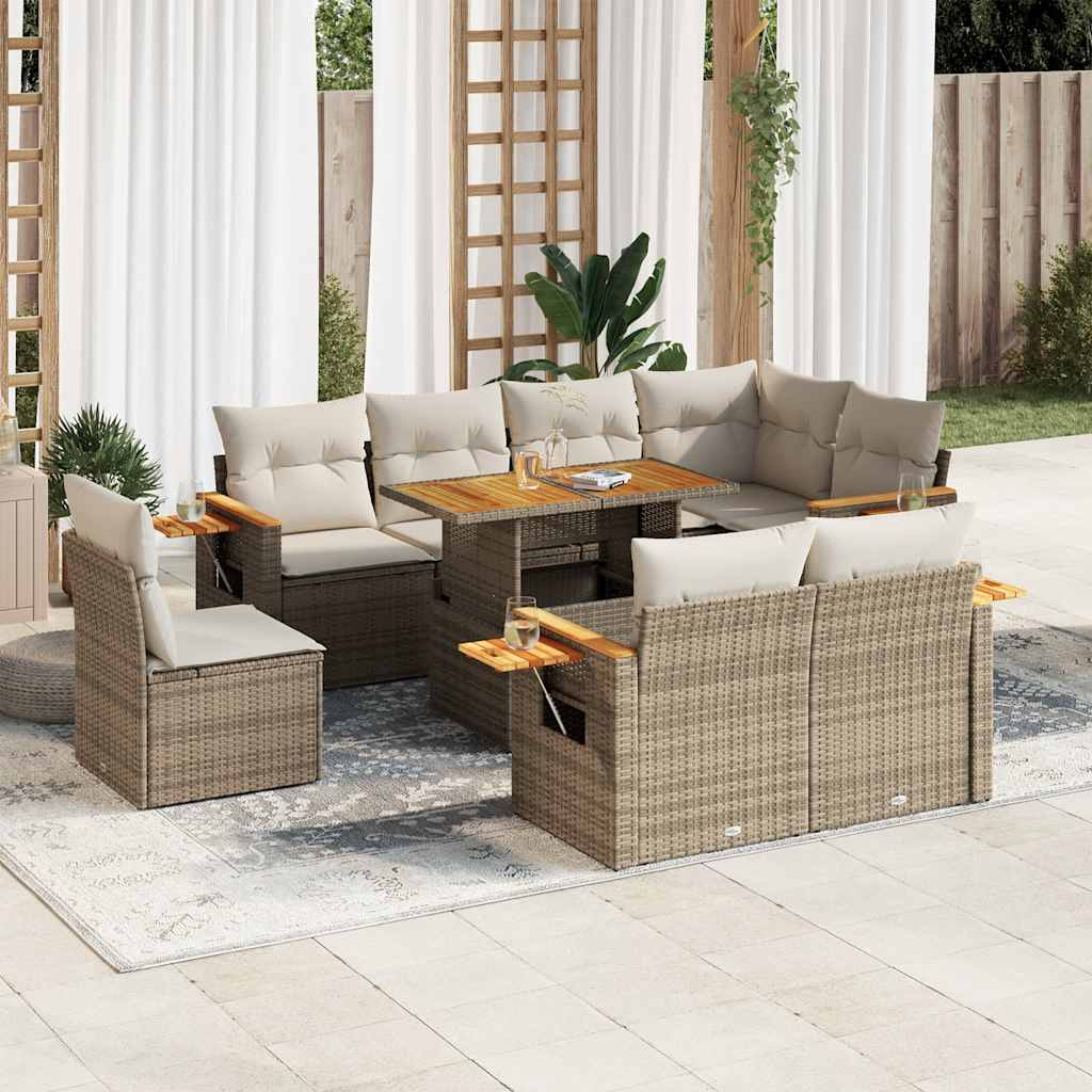 9-tlg. Garten-Sofagarnitur mit Kissen Beige Poly Rattan Akazie