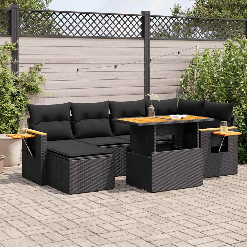 vidaXL 7-tlg. Garten-Sofagarnitur mit Kissen Schwarz Poly Rattan