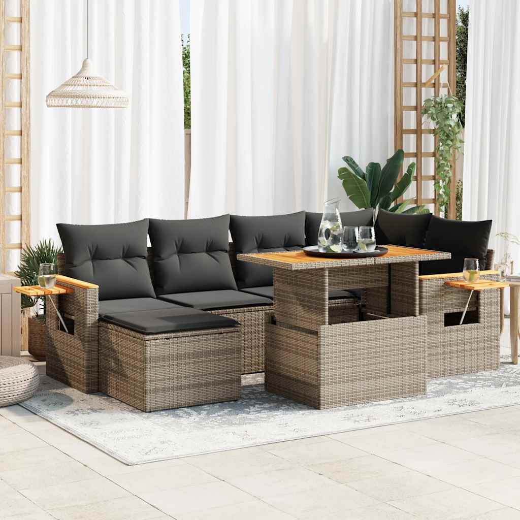 vidaXL 7-tlg. Garten-Sofagarnitur mit Kissen Grau Poly Rattan Akazie