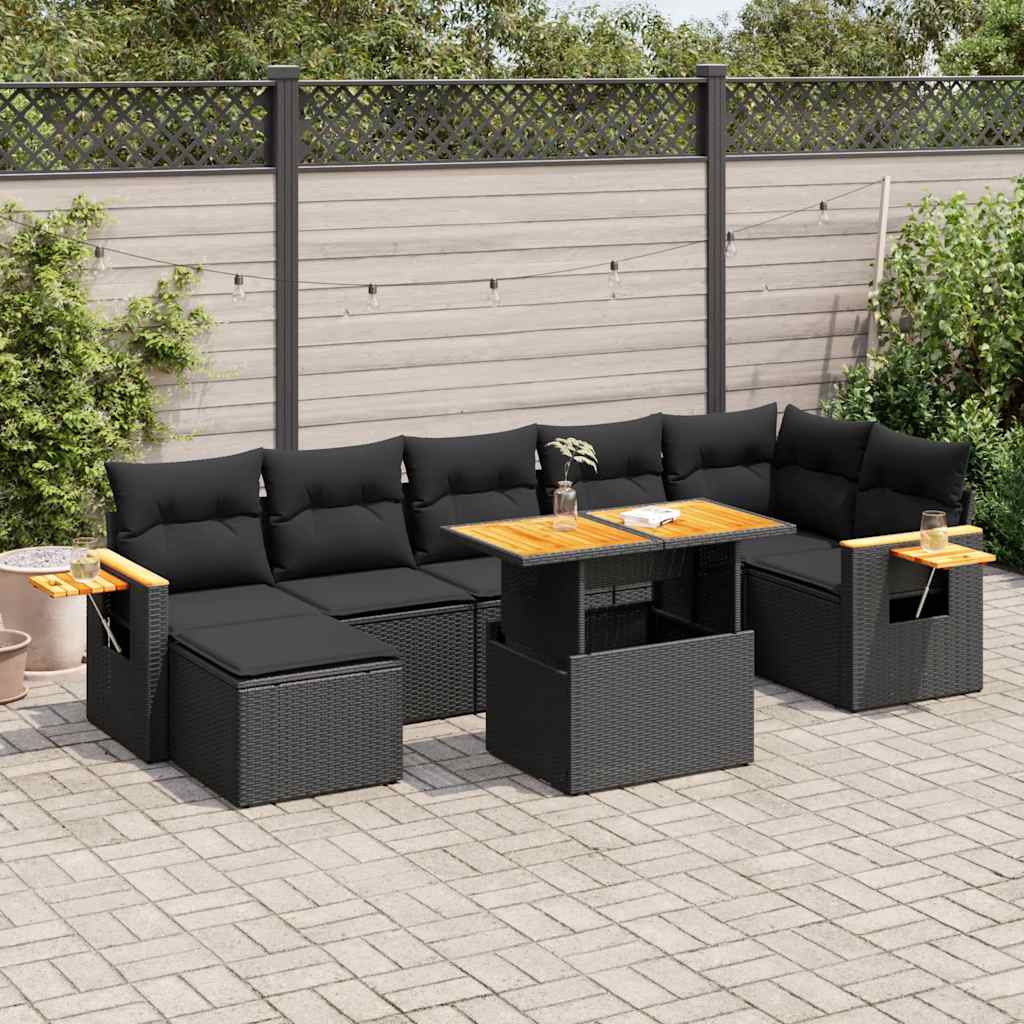 vidaXL Set mobilier grădină perne 8 piese negru, poliratan/lemn acacia