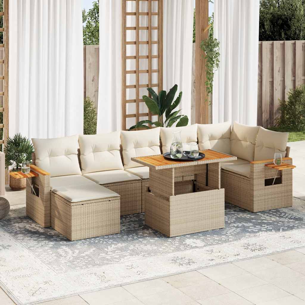 8-tlg. Garten-Sofagarnitur mit Kissen Beige Poly Rattan Akazie