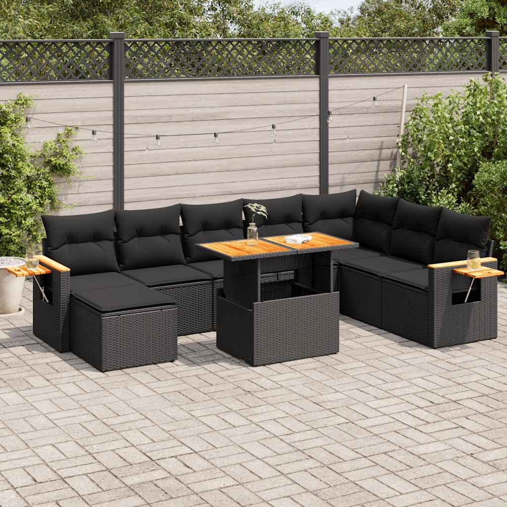 vidaXL Set mobilier grădină perne 9 piese negru poliratan/lemn acacia