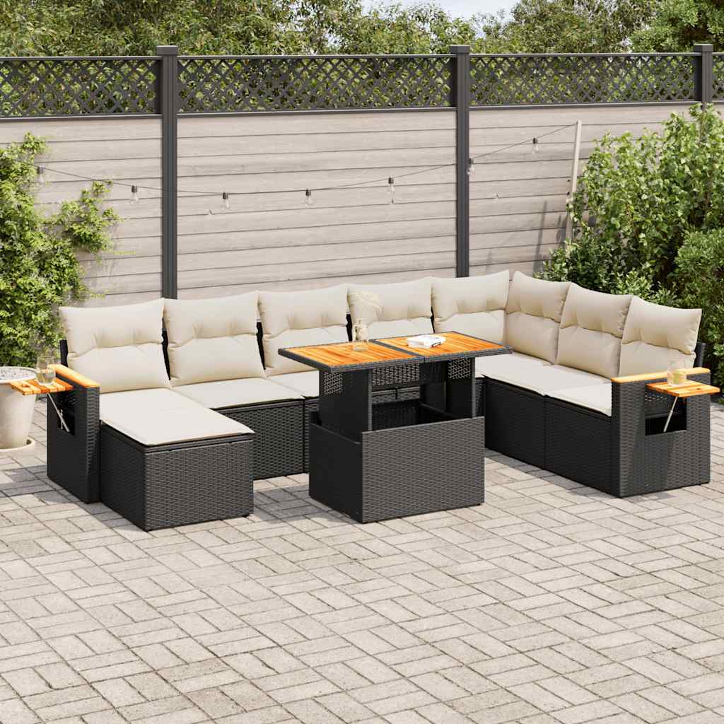 vidaXL Set mobilier grădină perne 9 piese negru poliratan/lemn acacia