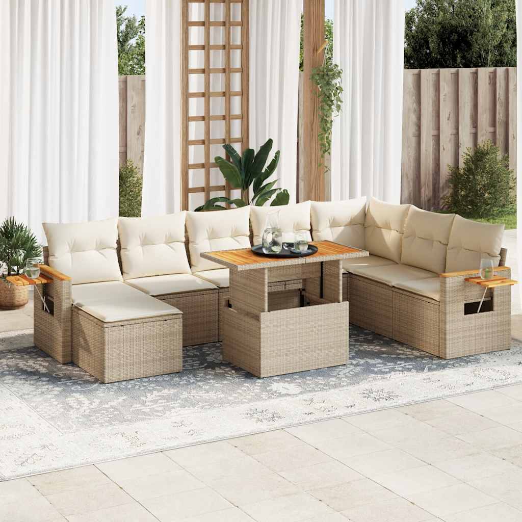 7-tlg. Garten-Sofagarnitur mit Kissen Beige Poly Rattan Akazie