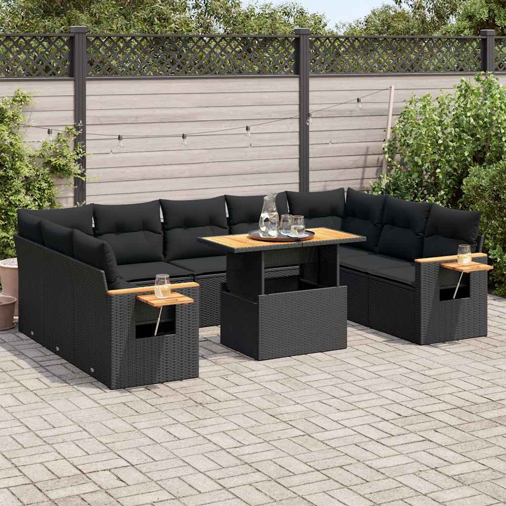 vidaXL 10-tlg. Garten-Sofagarnitur mit Kissen Schwarz Poly Rattan