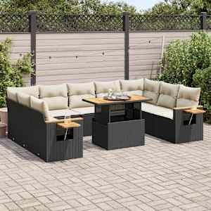 Vrtna sedežna garnitura z blazinami 10-delna črn ratan/akacija