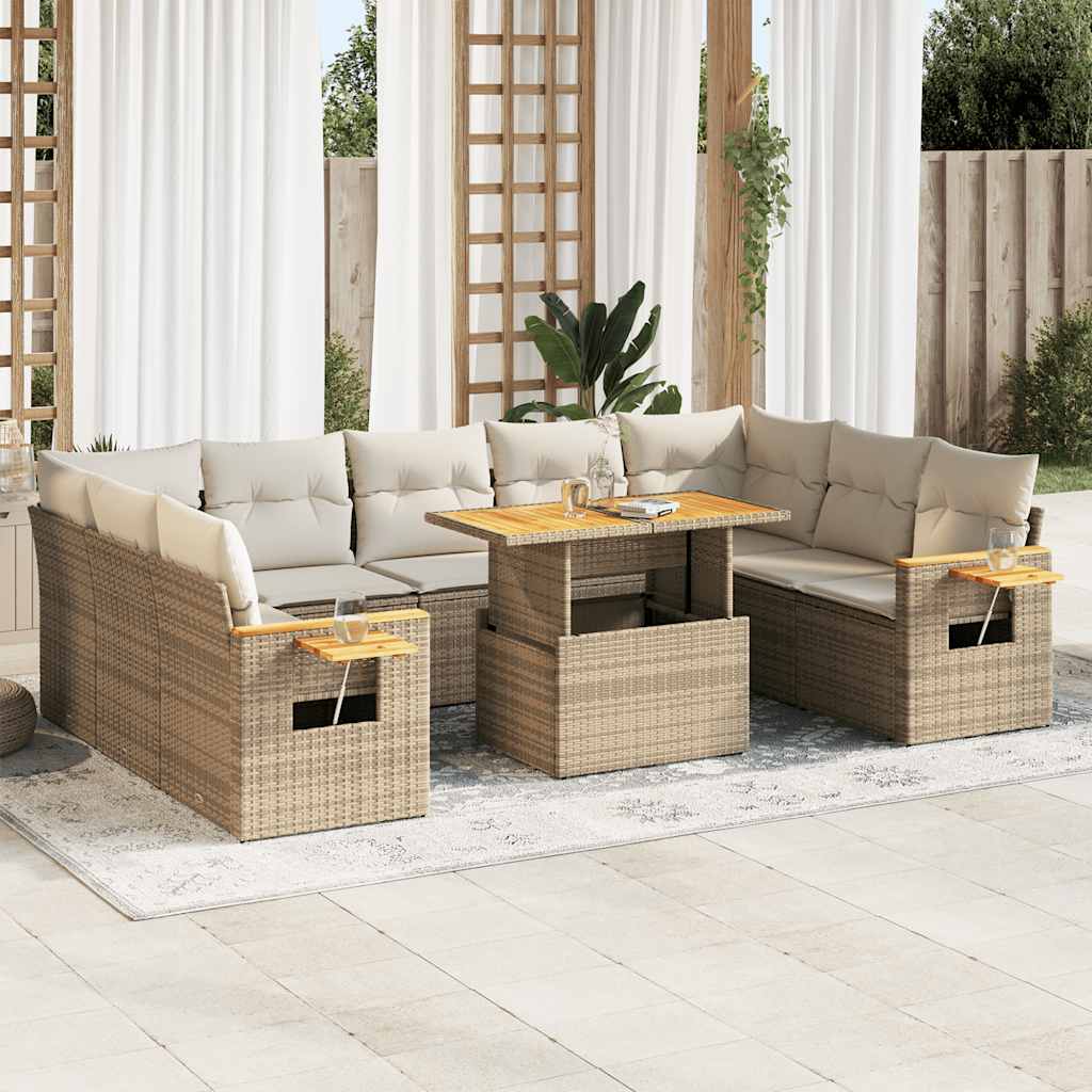 vidaXL 10-tlg. Garten-Sofagarnitur mit Kissen Beige Poly Rattan Akazie