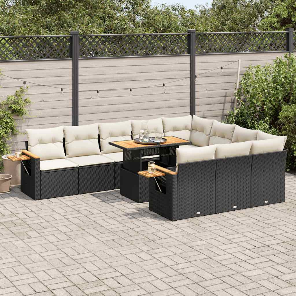 vidaXL 10-tlg. Garten-Sofagarnitur mit Kissen Schwarz Poly Rattan