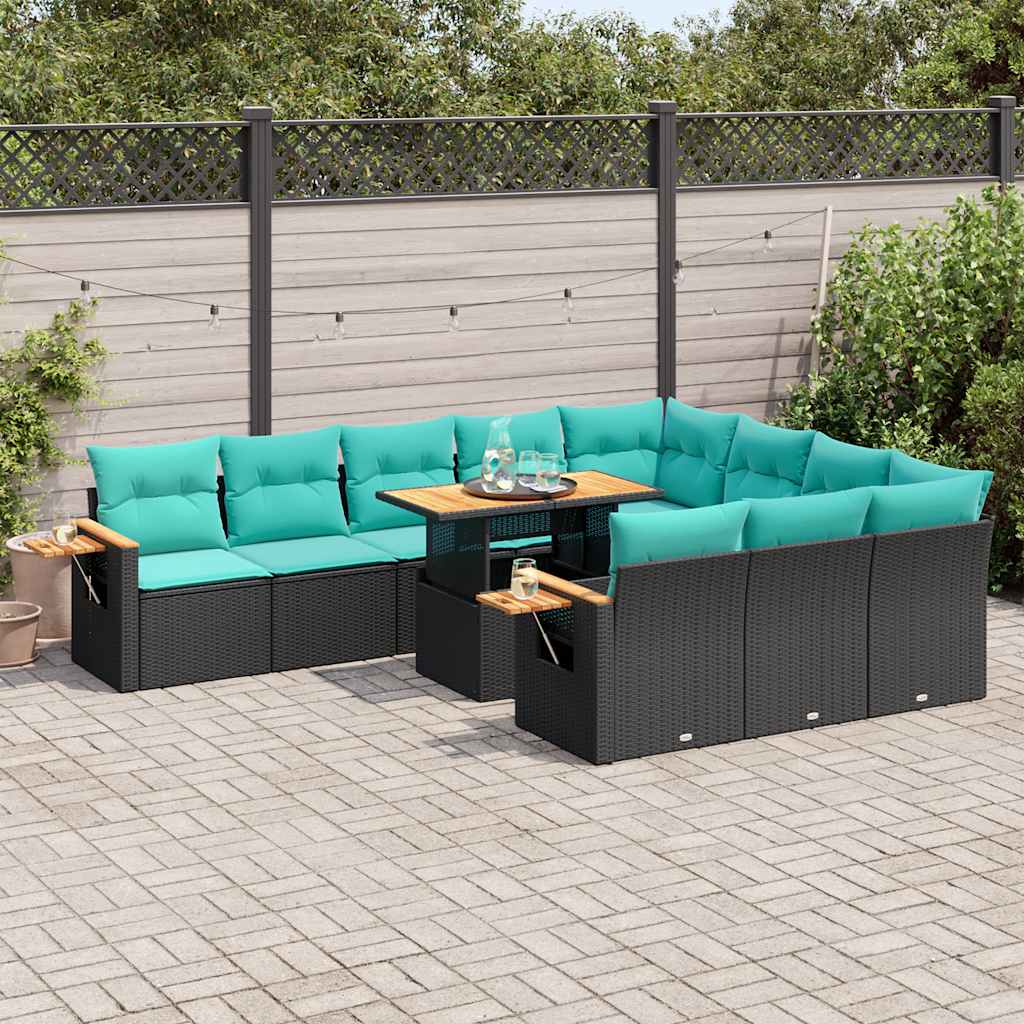 vidaXL 11-tlg. Garten-Sofagarnitur mit Kissen Schwarz Poly Rattan