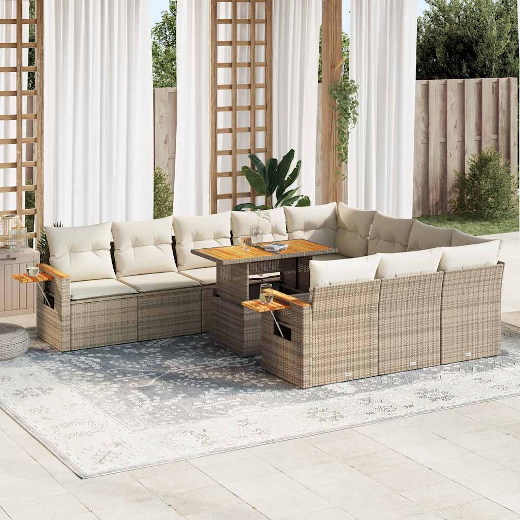 10-tlg. Garten-Sofagarnitur mit Kissen Beige Poly Rattan Akazie