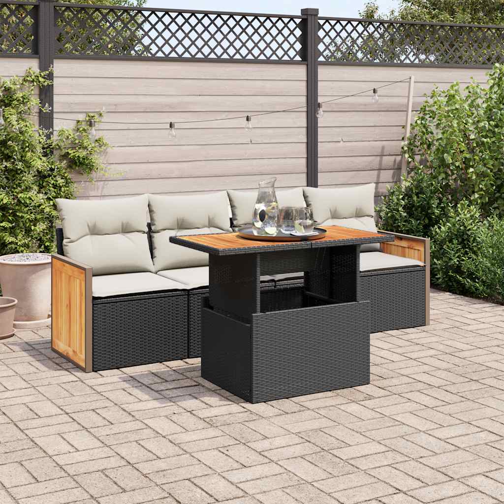 vidaXL 5tlg. Garten-Sofagarnitur mit Kissen Schwarz Poly Rattan Akazie