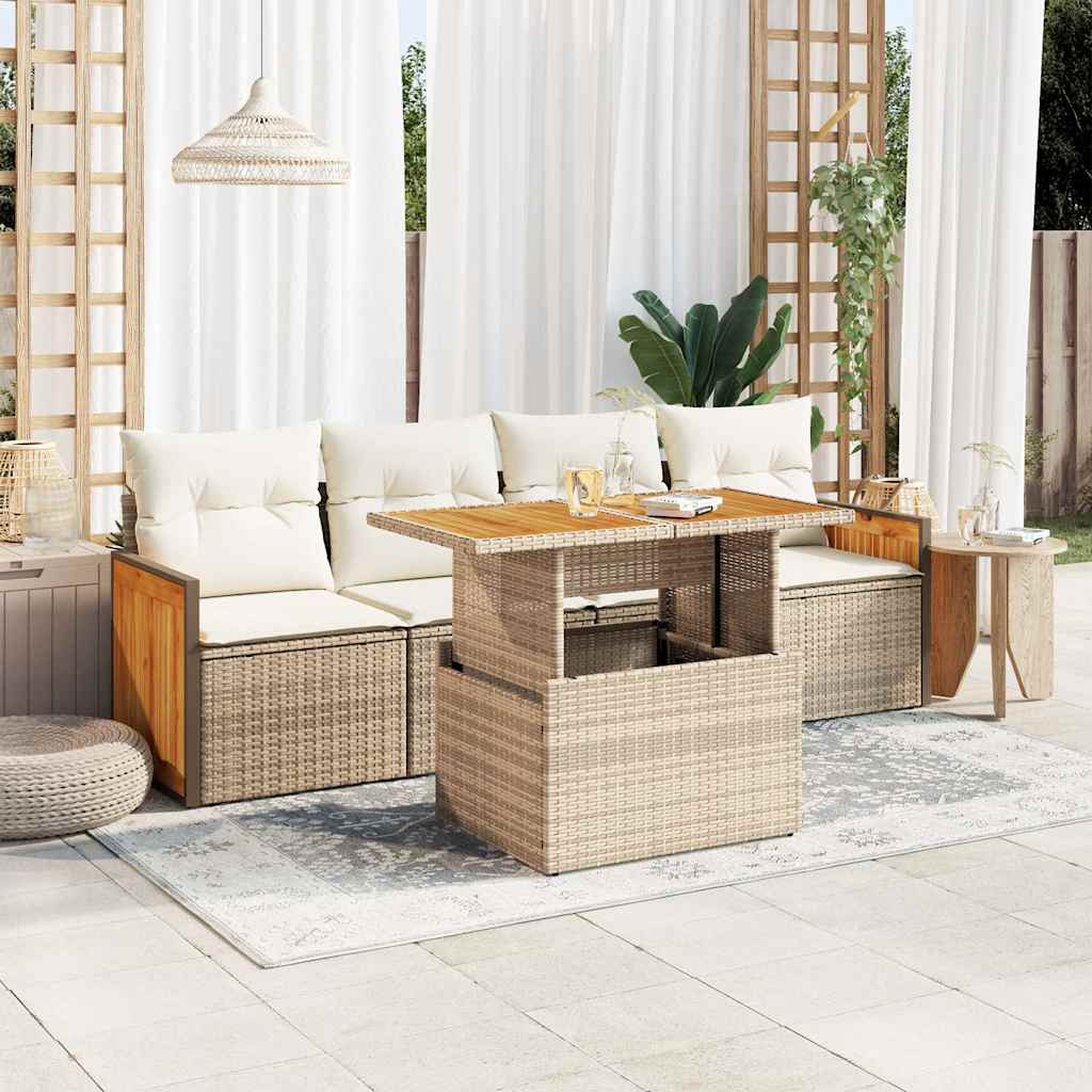 vidaXL 5-tlg. Garten-Sofagarnitur mit Kissen Beige Poly Rattan Akazie