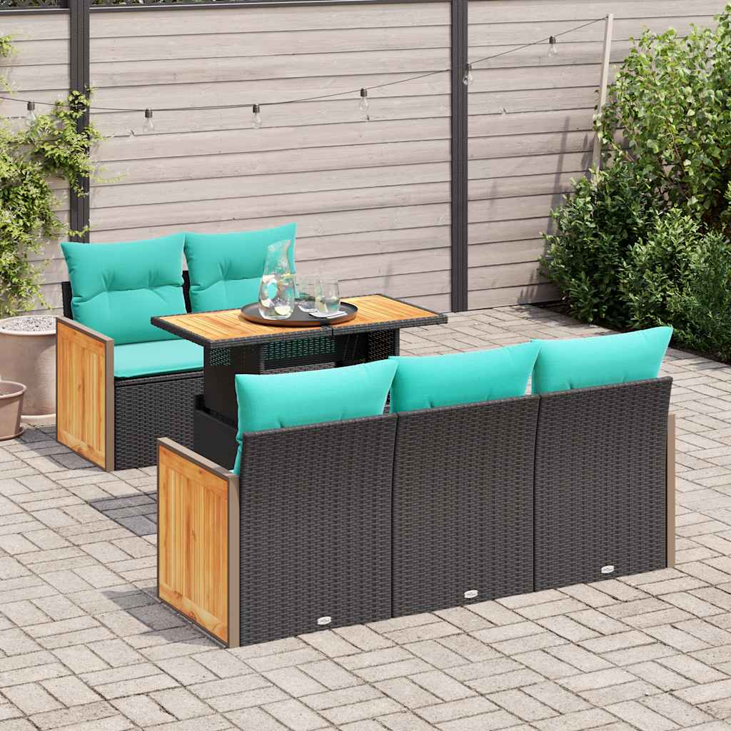 vidaXL 6-teiliges Gartensofa-Set mit Kissen, schwarz, Polyrattan, Akazie
