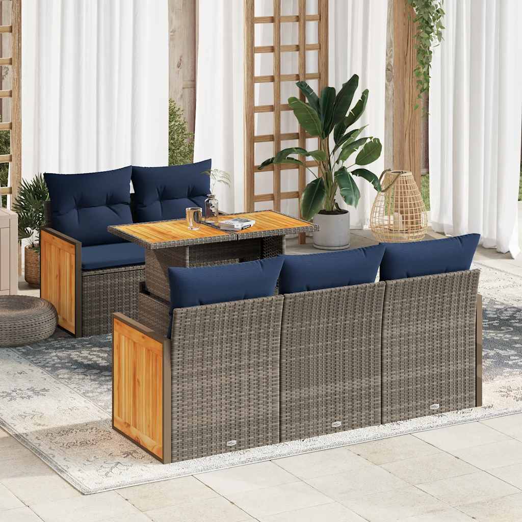 sofasæt til haven 6 dele med hynder polyrattan akacietræ grå