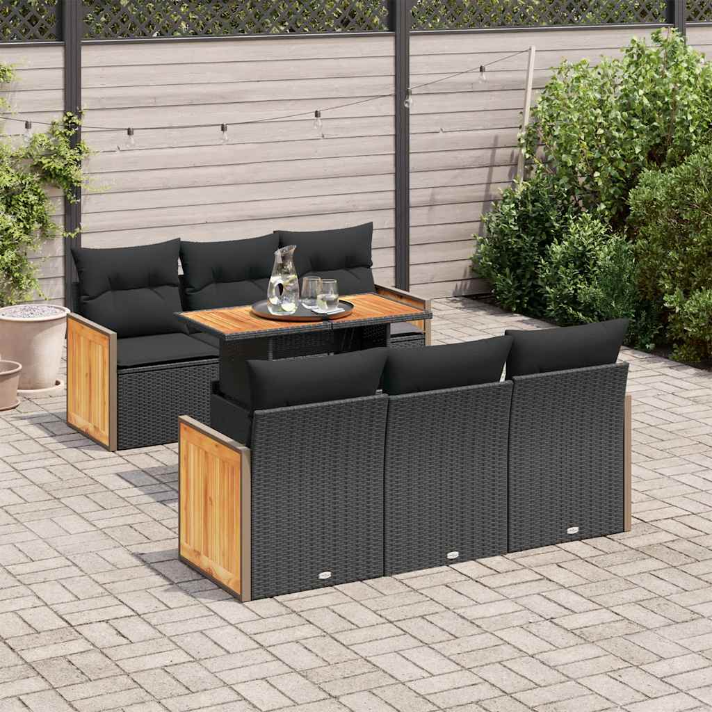 vidaXL 7-tlg. Garten-Sofagarnitur mit Kissen Schwarz Poly Rattan