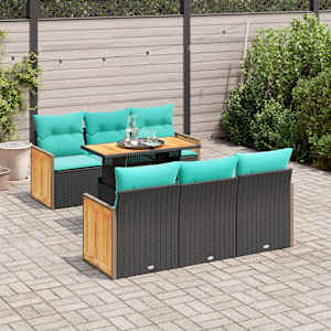 Vrtna sedežna garnitura z blazinami 7-delna črn ratan/akacija