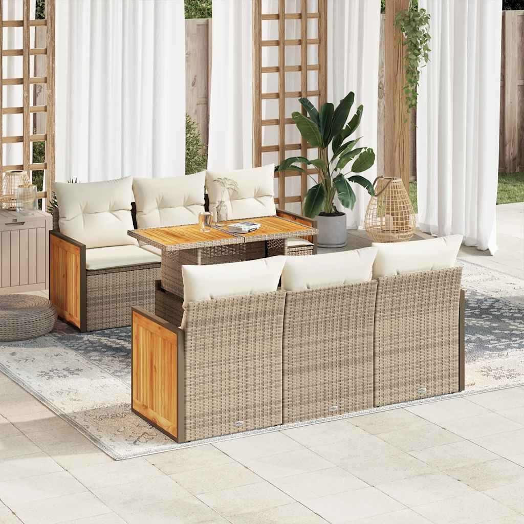 vidaXL 7-tlg. Garten-Sofagarnitur mit Kissen Beige Poly Rattan Akazie