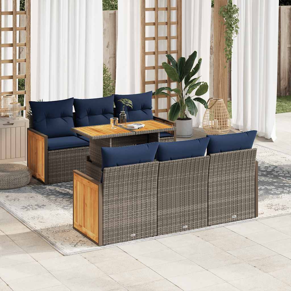 vidaXL 7-tlg. Garten-Sofagarnitur mit Kissen Grau Poly Rattan Akazie
