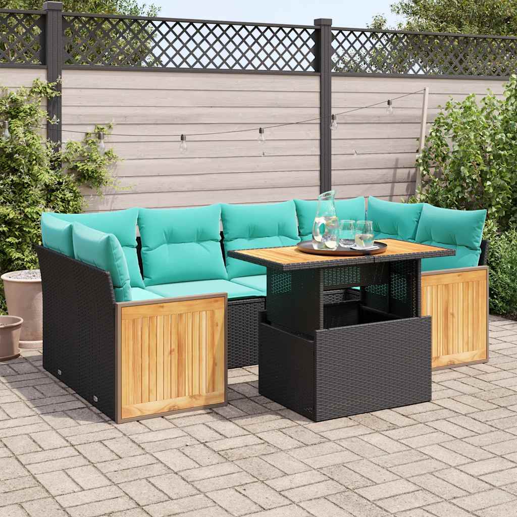 Set Divani da Giardino con Cuscini 7pz Nero Polyrattan Acacia 3327676