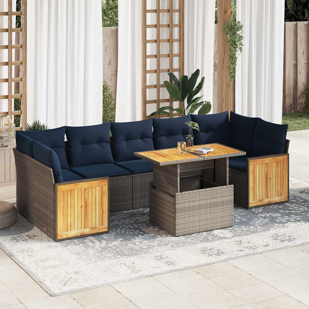 vidaXL 8-tlg. Garten-Sofagarnitur mit Kissen Grau Poly Rattan Akazie
