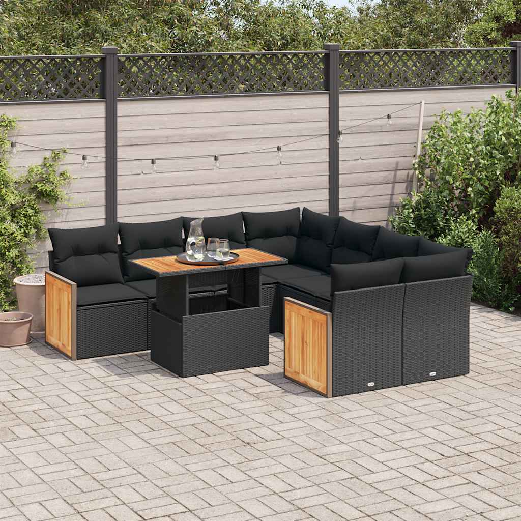 vidaXL Set mobilier grădină perne 9 piese negru poliratan/lemn acacia