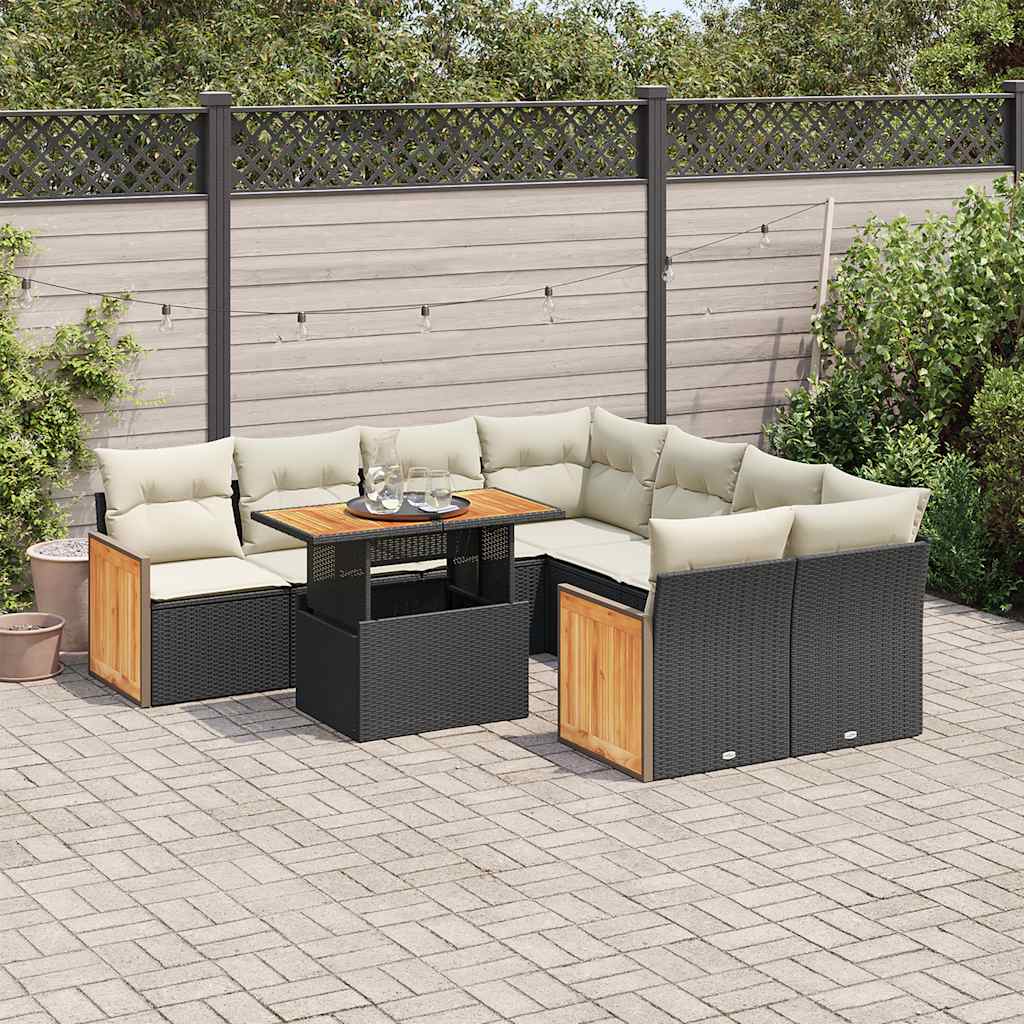 vidaXL 9-tlg. Garten-Sofagarnitur mit Kissen Schwarz Poly Rattan