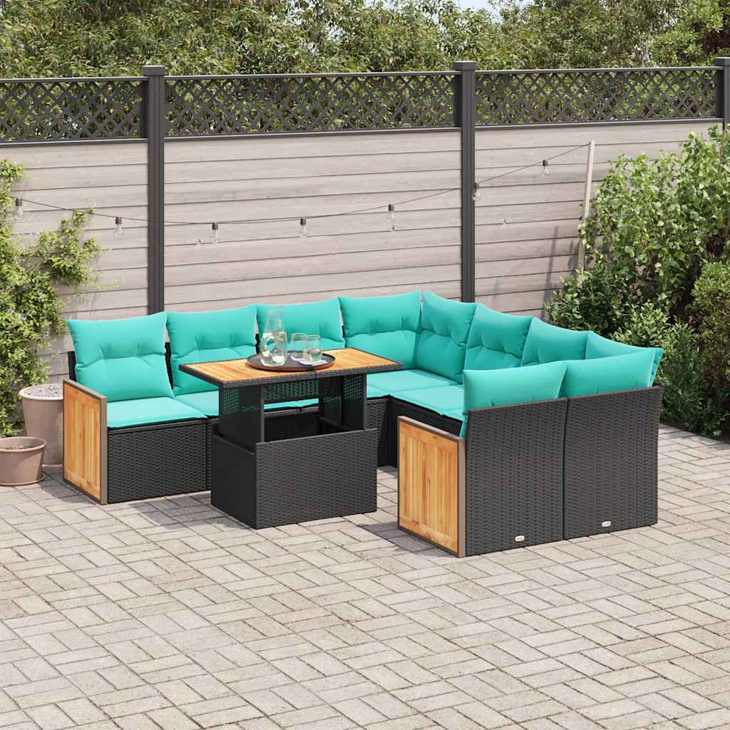 vidaXL 9-tlg. Garten-Sofagarnitur mit Kissen Schwarz Poly Rattan