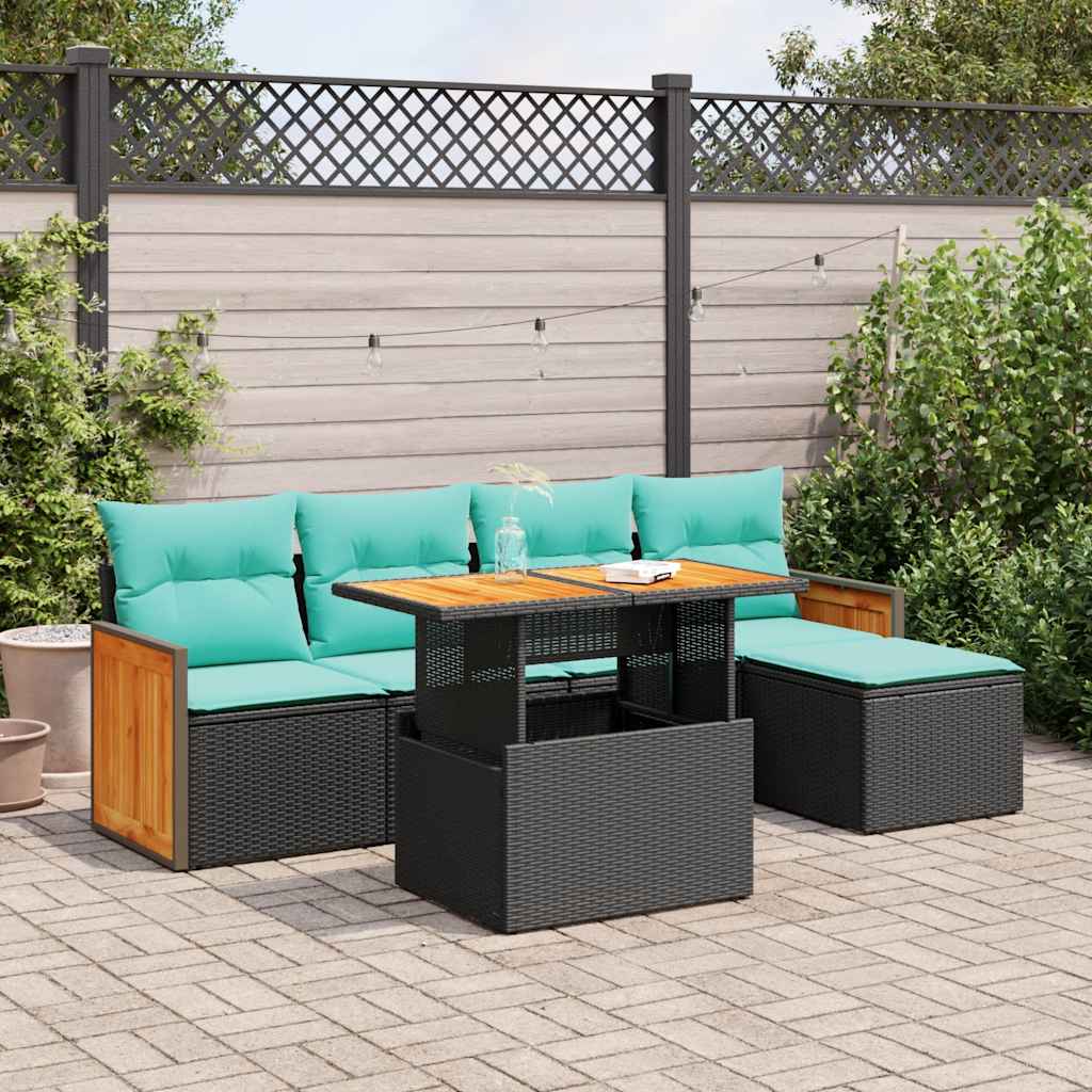 vidaXL 6-tlg. Garten-Sofagarnitur mit Kissen Schwarz Poly Rattan